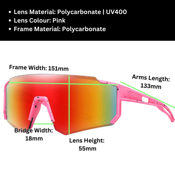 Pink polycarbonate sunglasses with dimensions and UV400 protection
