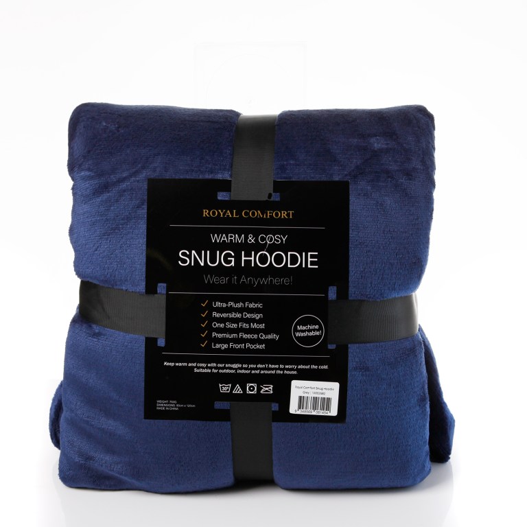 royal comfort snug hoodie nightwear super soft reversible coral fleece 750gsm navy Royal Comfort snug hoodie, blue, ultra-plush fabric.