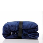 royal comfort snug hoodie nightwear super soft reversible coral fleece 750gsm navy Folded blue throw blanket with black band.