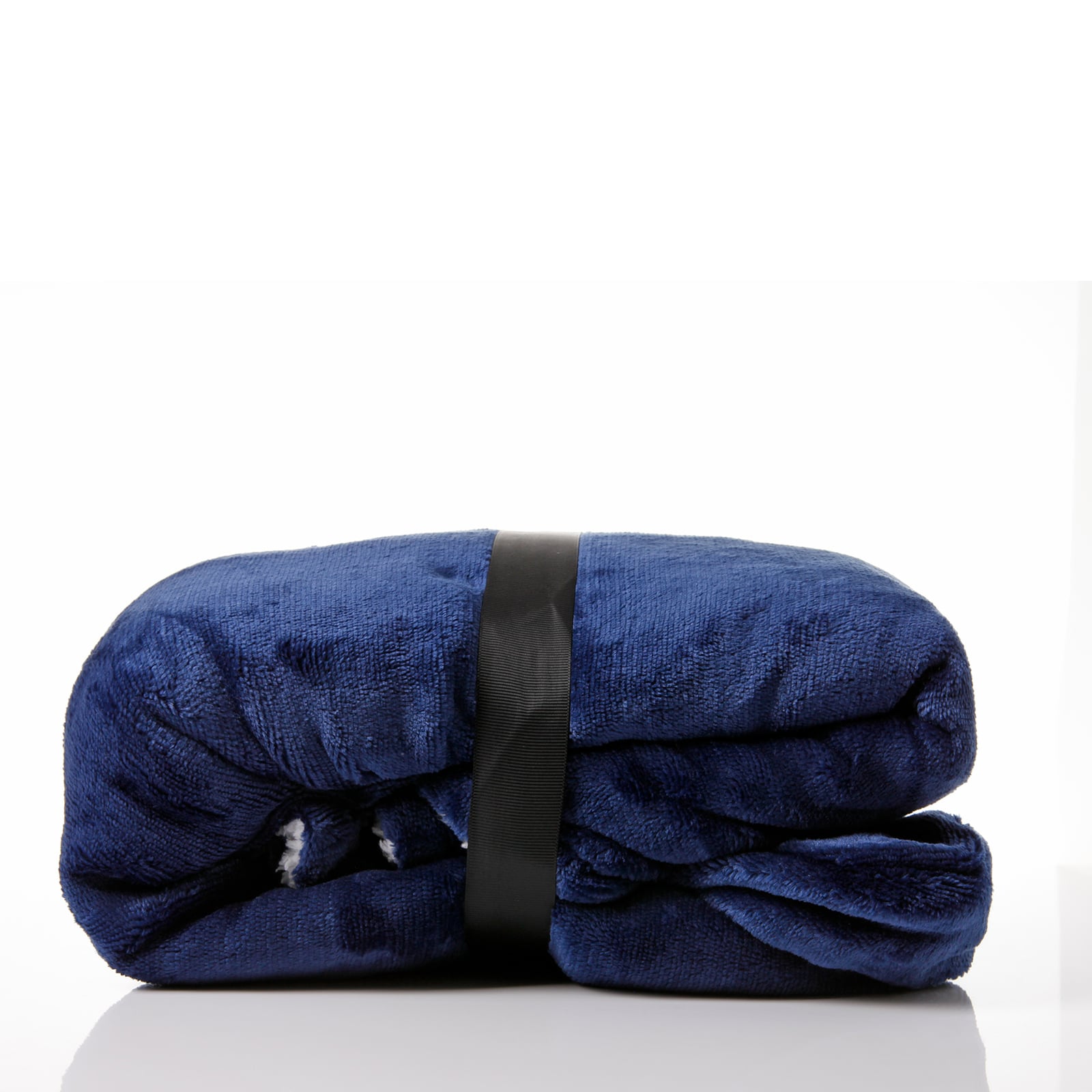 Folded blue throw blanket with black band.