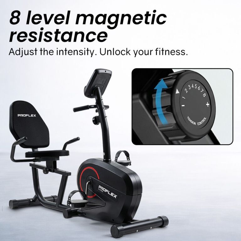 proflex magnetic recumbent exercise bike, lcd display, heart rate sensors, adjustable seat, 8 level resistance, comfortable seated home cardio fitness machine proflex magnetic recumbent exercise bike, lcd display, heart rate sensors, adjustable seat, 8 level resistance, comfortable seated home cardio fitness machine