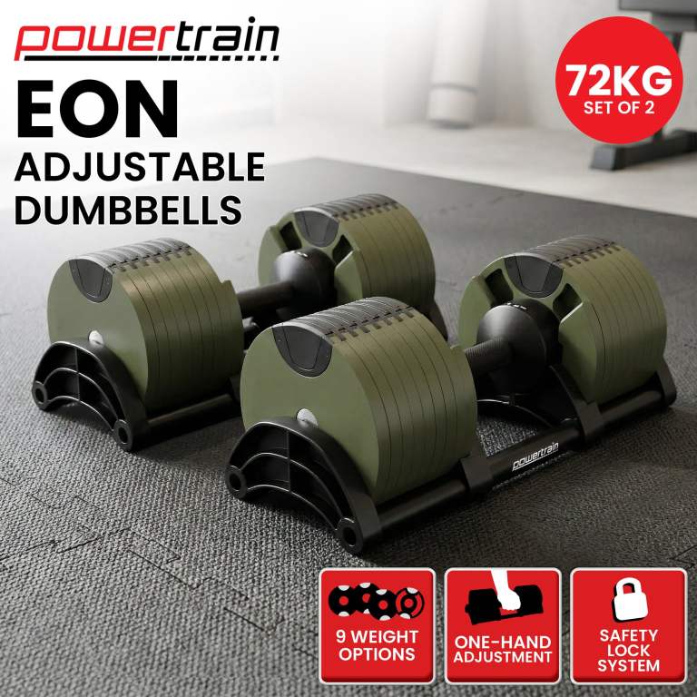 powertrain eon dial up 72kg adjustable dumbbells pair green powertrain eon dial up 72kg adjustable dumbbells pair green