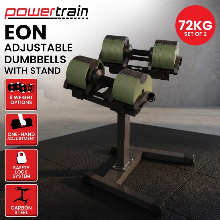 powertrain eon dial up 72kg adjustable dumbbells pair with stand green powertrain eon dial up 72kg adjustable dumbbells pair with stand green