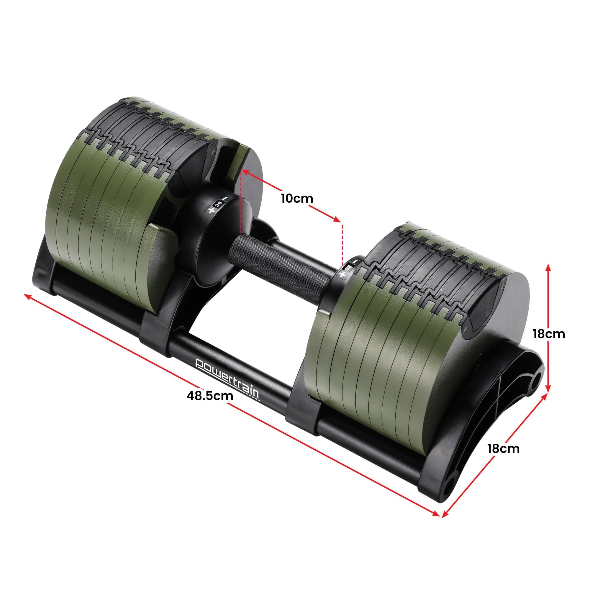 powertrain eon dial up 72kg adjustable dumbbells pair with stand green