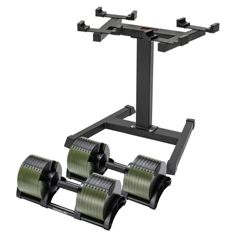 powertrain eon dial up 90kg adjustable dumbbells pair with stand green powertrain eon dial up 90kg adjustable dumbbells pair with stand green