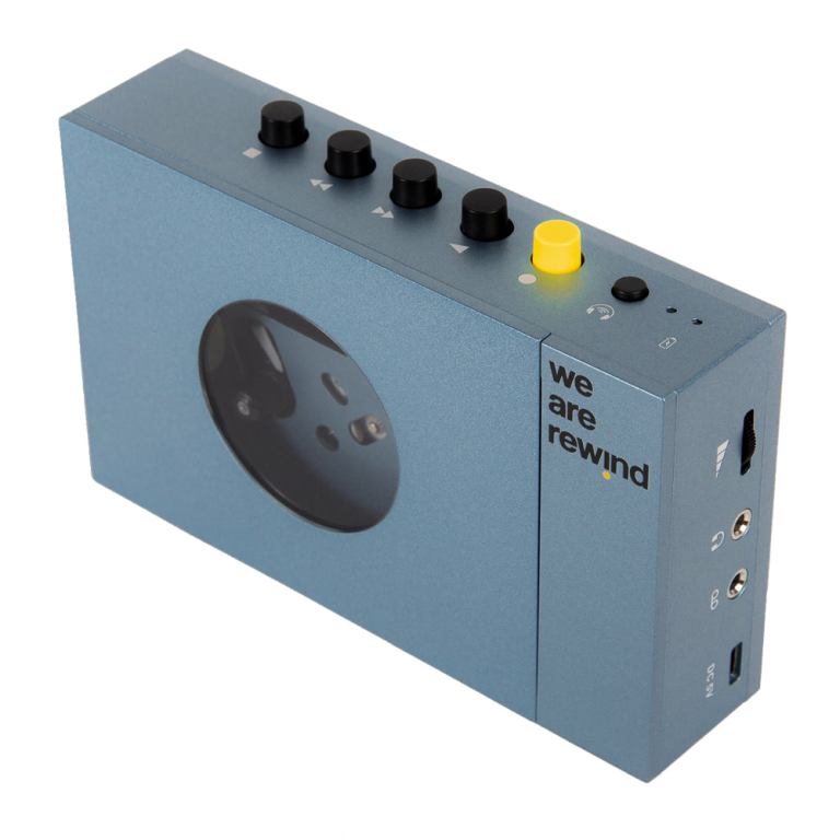 we are rewind portable cassette player & recorder kurt, blue Vintage cassette player with modern design, blue colour.