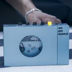 we are rewind portable cassette player & recorder kurt, blue Retro cassette player with visible tape mechanism.
