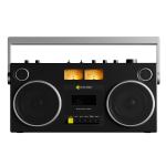 Retro black boombox with cassette player.