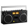 we are rewind getto blaster cassette player & recorder curtis, black Retro black boombox with cassette player and speakers.