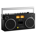 Retro black boombox with cassette player and speakers.