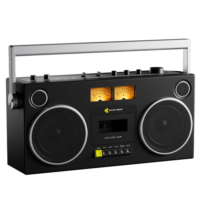 Retro black boombox with cassette player and speakers.