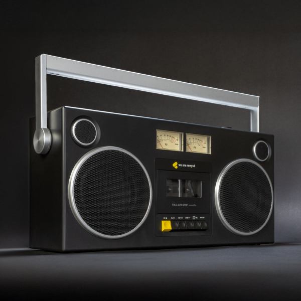 we are rewind getto blaster cassette player & recorder curtis, black Retro boombox with dual speakers and cassette player.