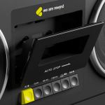 Retro cassette player with control buttons.