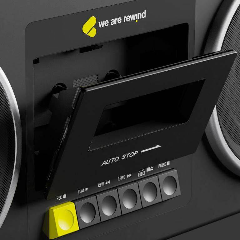 Retro cassette player with control buttons.
