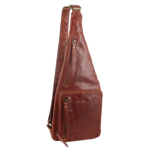 pierre cardin mens sling bag rustic leather crossbody chest backpack chestnut