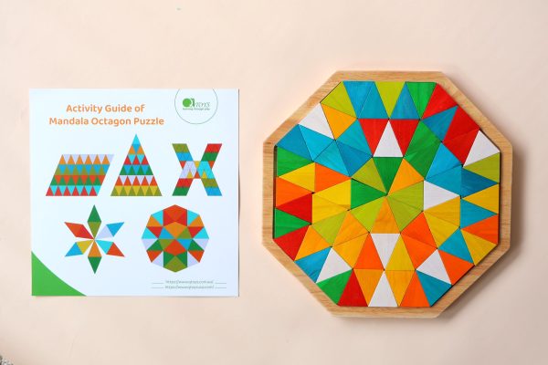 Colourful Mandala Octagon puzzle with activity guide.