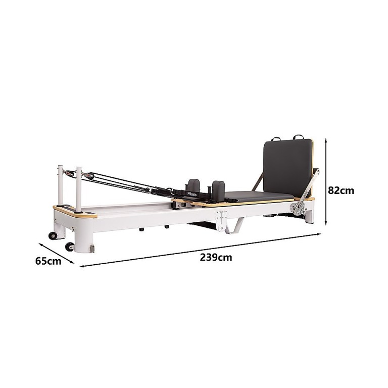 Pilates reformer with dimensions and measurements shown.