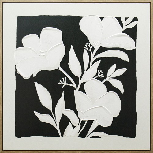 sh rainvow Textured white flowers on black canvas painting.