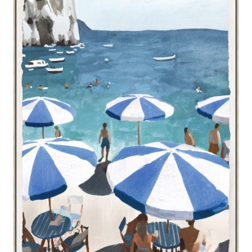 Beachside umbrellas and people by the ocean