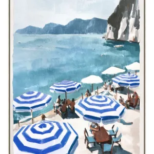 Beach scene with blue striped umbrellas.