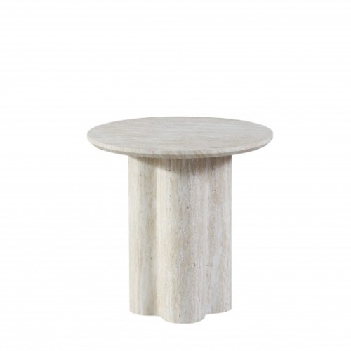 Round travertine side table with a pedestal base.