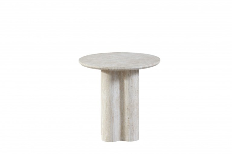 signorina side table 50cm Round travertine table with unique pedestal base.