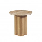 Modern round wooden side table with cylindrical base.