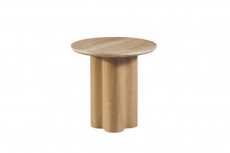 Modern round wooden side table with cylindrical base.