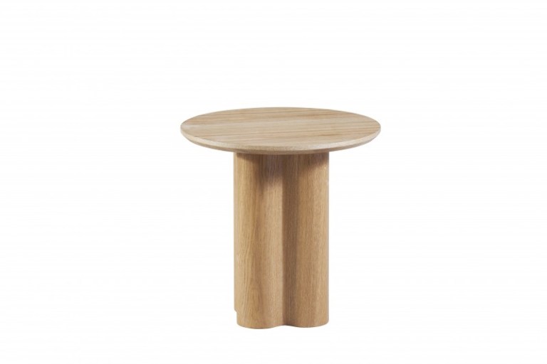 Round wooden side table with unique base design.