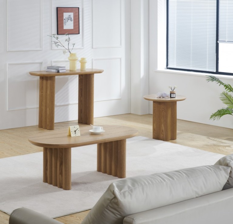 Modern wooden coffee tables in stylish living room