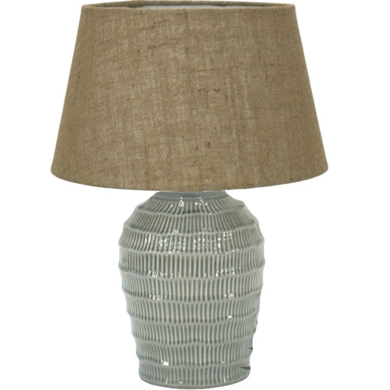 v637 e689015 202603021115 00.jpg Textured ceramic table lamp with brown fabric shade.