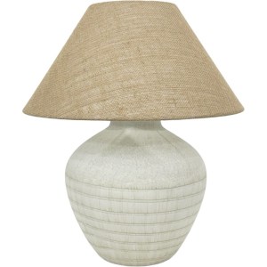 Ceramic table lamp with textured fabric shade.