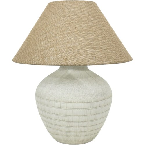 Ceramic table lamp with textured fabric shade.