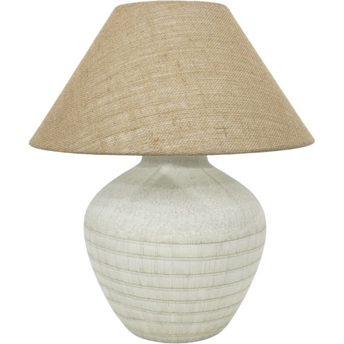 Ceramic table lamp with textured fabric shade.