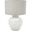 Ceramic table lamp with grey fabric shade.