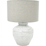 Ceramic table lamp with grey fabric shade.