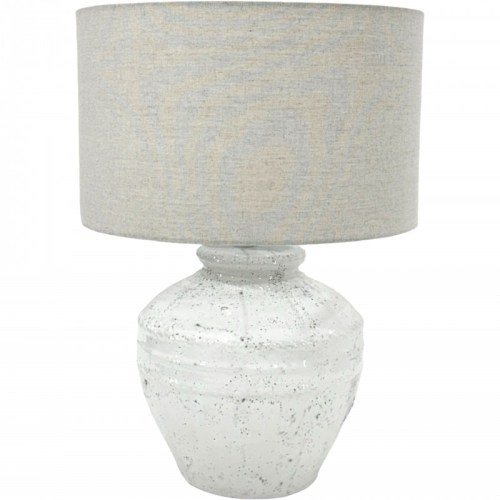 Ceramic table lamp with grey fabric shade.