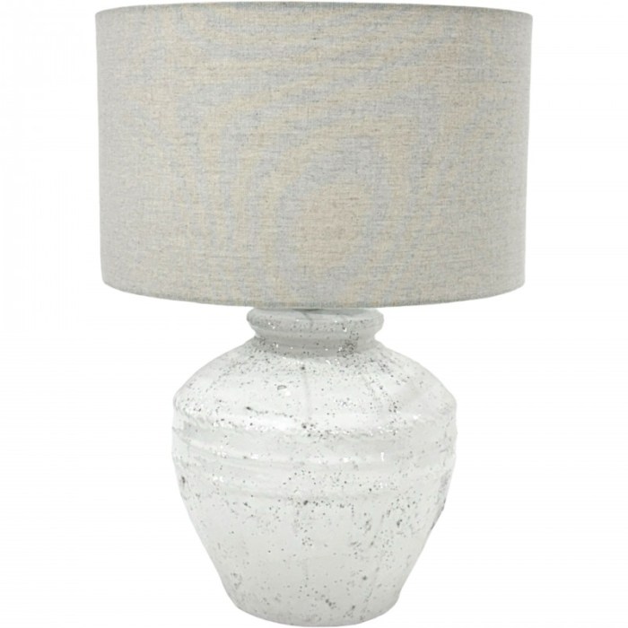 Ceramic table lamp with grey fabric shade.
