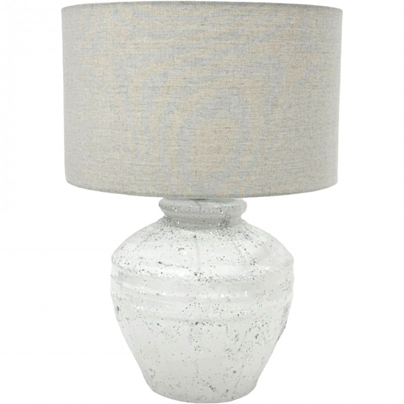 Ceramic table lamp with grey fabric shade.