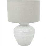 White ceramic table lamp with grey shade.