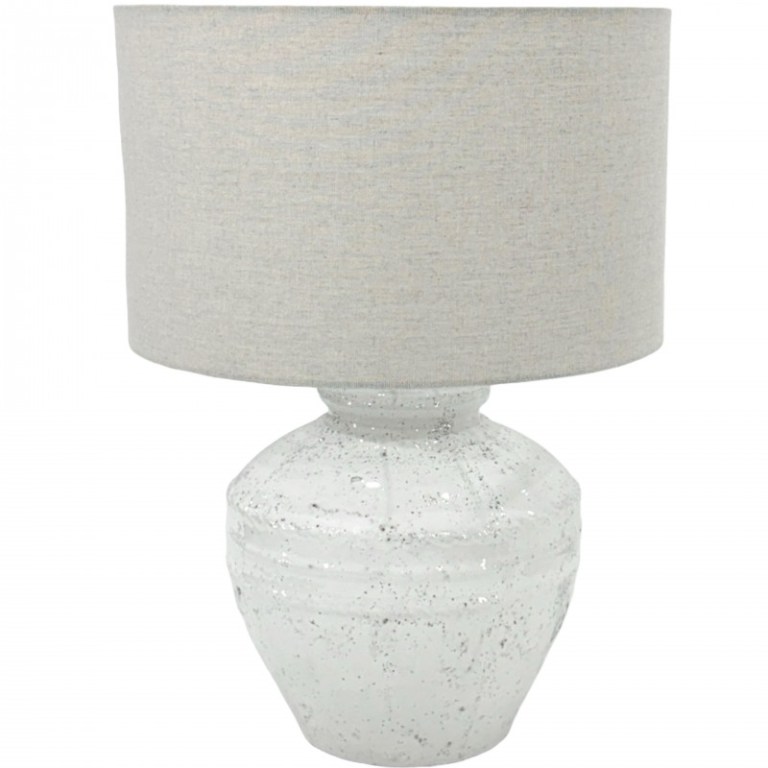 White ceramic table lamp with grey shade.