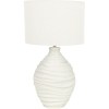 White ceramic table lamp with textured base.