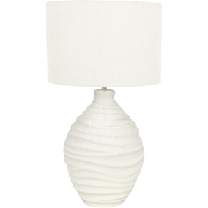 White ceramic table lamp with textured base.