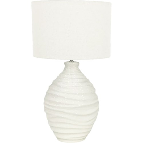White ceramic table lamp with textured base.