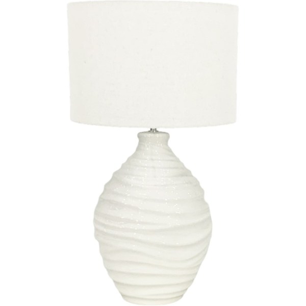 White ceramic table lamp with textured base.