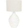 White table lamp with textured base and shade.