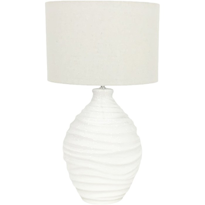 White table lamp with textured base and shade.