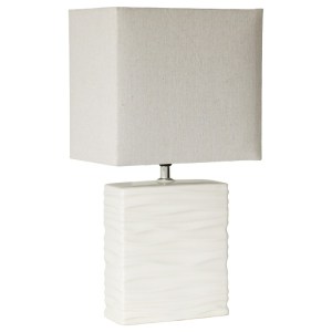 Modern square white ceramic table lamp with beige shade.
