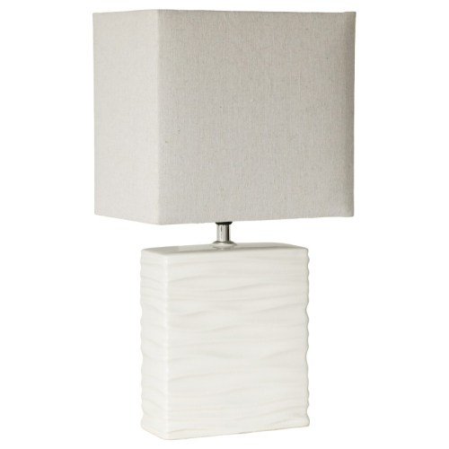 Modern square white ceramic table lamp with beige shade.