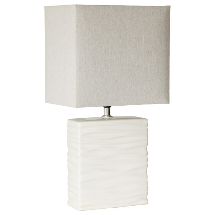 Modern square white ceramic table lamp with beige shade.